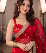 Red floral embroidered pure chiffon tussar saree