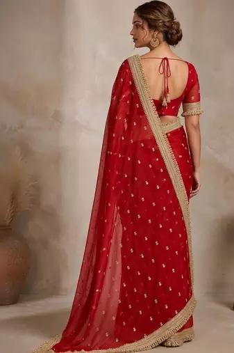 Red floral embroidered pure chiffon tussar saree