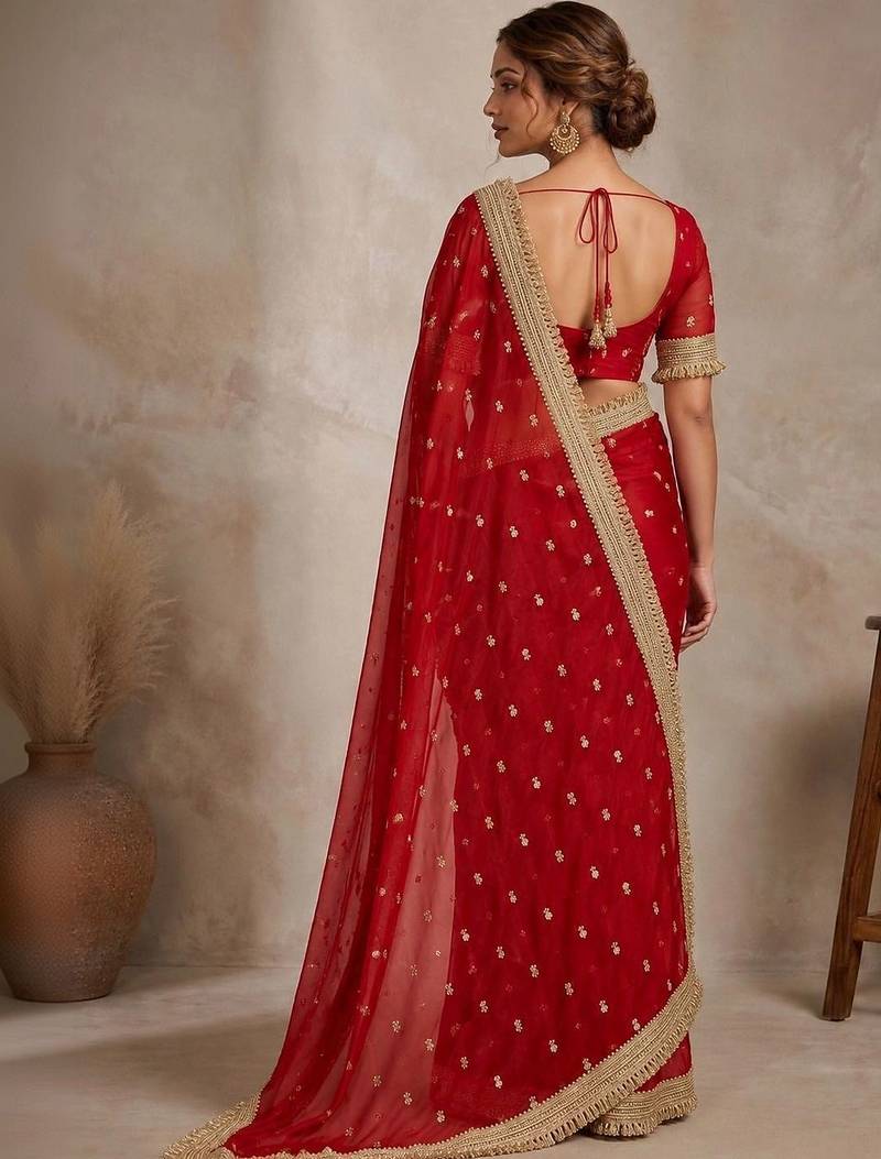 Red floral embroidered pure chiffon tussar saree