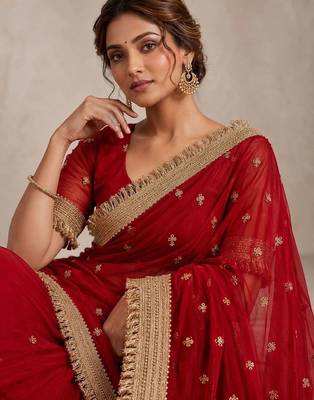 Red floral embroidered pure chiffon tussar saree 3