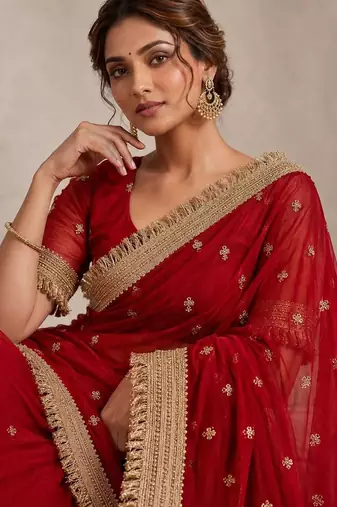 Red floral embroidered pure chiffon tussar saree