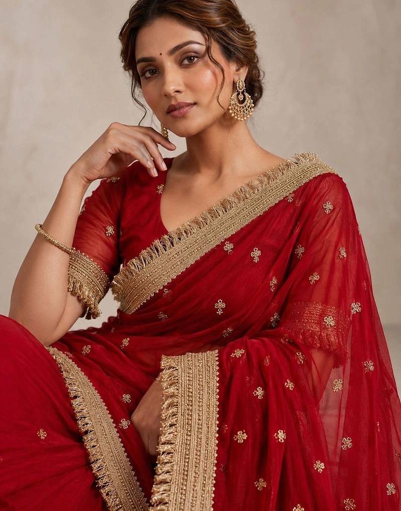 Red floral embroidered pure chiffon tussar saree