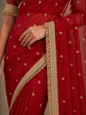Red floral embroidered pure chiffon tussar saree 4