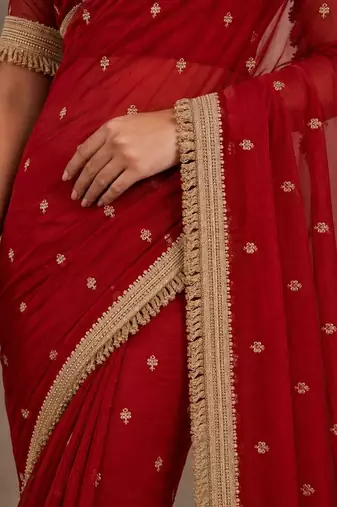 Red floral embroidered pure chiffon tussar saree
