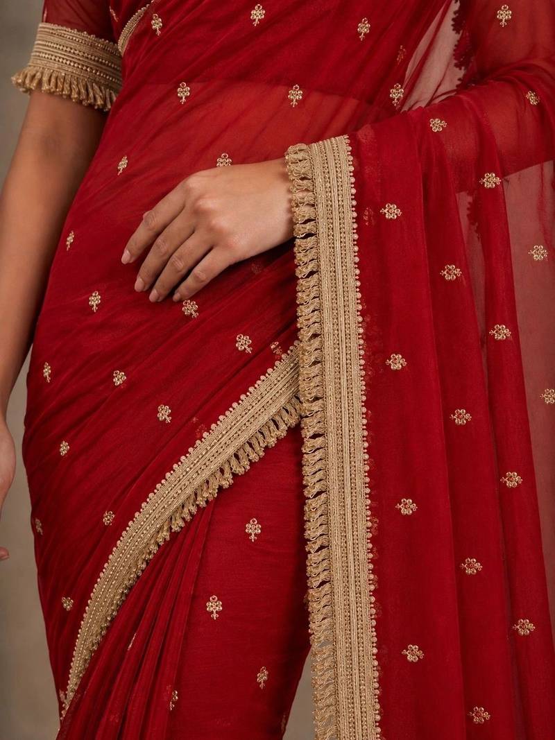 Red floral embroidered pure chiffon tussar saree