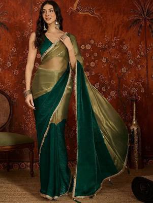 Green women embroidered tissue designer saree 2
