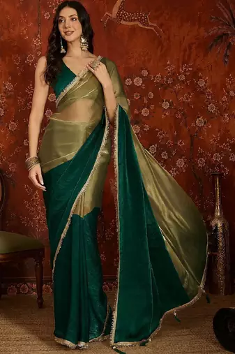 Green women embroidered tissue designer saree