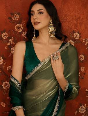 Green women embroidered tissue designer saree 4