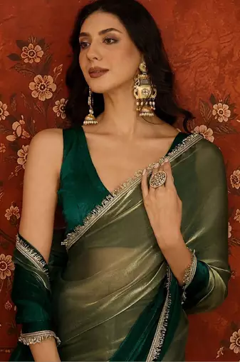 Green women embroidered tissue designer saree