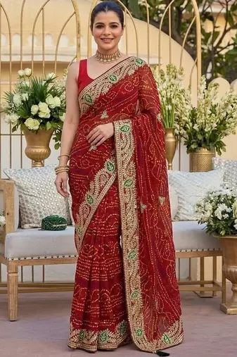 Red ethnic motifs embroidered pure georgette heavy work bandhani saree