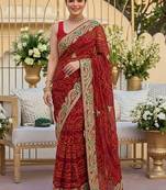 Red ethnic motifs embroidered pure georgette heavy work bandhani saree