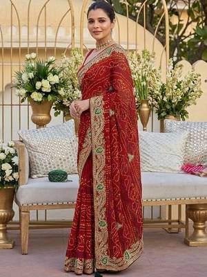 Red ethnic motifs embroidered pure georgette heavy work bandhani saree 2