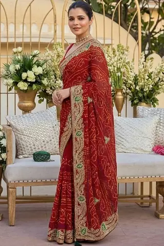 Red ethnic motifs embroidered pure georgette heavy work bandhani saree