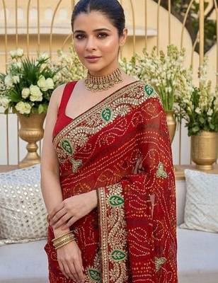 Red ethnic motifs embroidered pure georgette heavy work bandhani saree 3