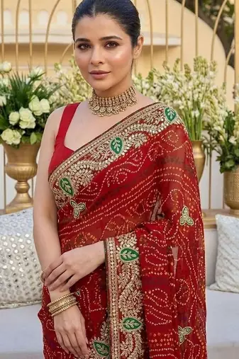Red ethnic motifs embroidered pure georgette heavy work bandhani saree