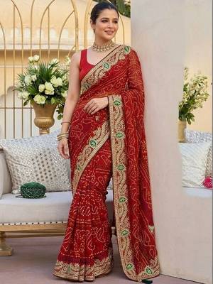 Red ethnic motifs embroidered pure georgette heavy work bandhani saree 4
