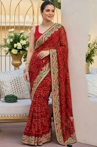 Red ethnic motifs embroidered pure georgette heavy work bandhani saree