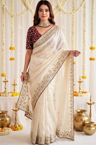 Off white floral embroidered satin designer saree