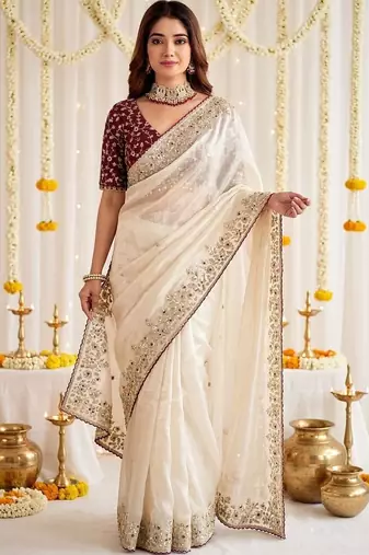 Off white floral embroidered satin designer saree