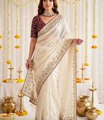 Off white floral embroidered satin designer saree