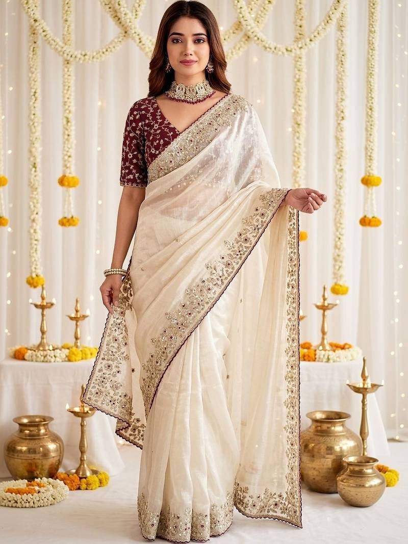 Off white floral embroidered satin designer saree