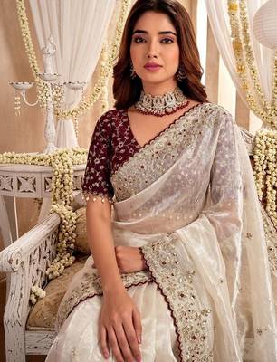 Off white floral embroidered satin designer saree 2