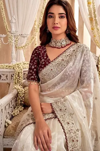 Off white floral embroidered satin designer saree