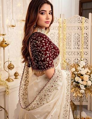 Off white floral embroidered satin designer saree 4