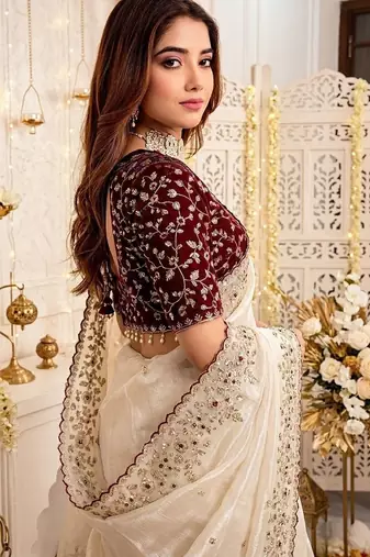 Off white floral embroidered satin designer saree