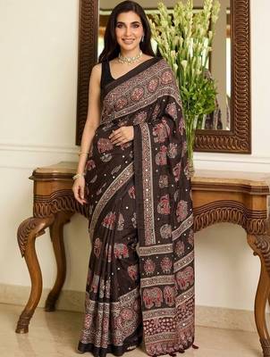 Brown ajrak block mirror work bandhani saree 1