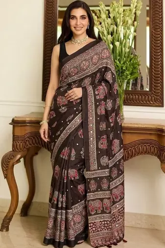 Brown ajrak block mirror work bandhani saree