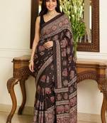 Brown ajrak block mirror work bandhani saree
