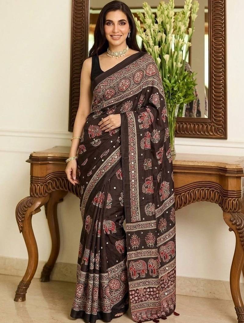 Brown ajrak block mirror work bandhani saree