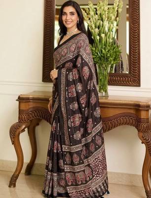 Brown ajrak block mirror work bandhani saree 2