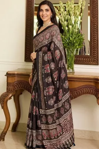 Brown ajrak block mirror work bandhani saree