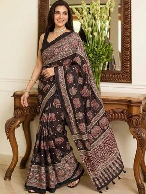 Brown ajrak block mirror work bandhani saree 3