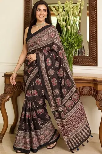 Brown ajrak block mirror work bandhani saree