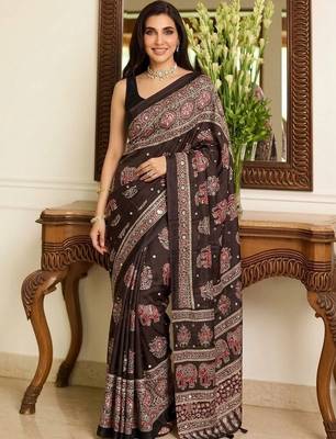 Brown ajrak block mirror work bandhani saree 4