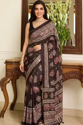 Brown ajrak block mirror work bandhani saree
