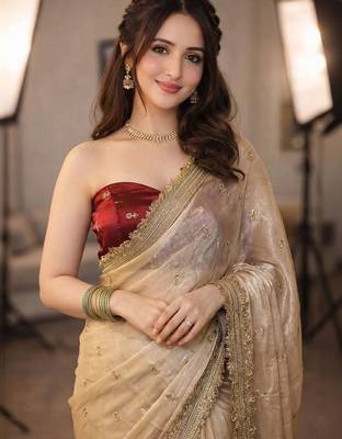 beige floral embroidered pure chiffon tussar saree 1