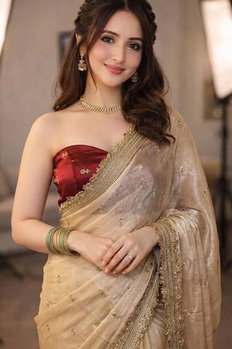 beige floral embroidered pure chiffon tussar saree