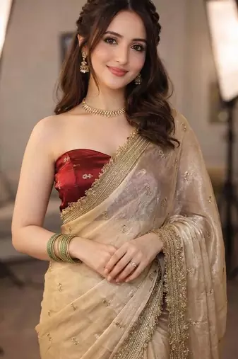 beige floral embroidered pure chiffon tussar saree