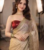 beige floral embroidered pure chiffon tussar saree
