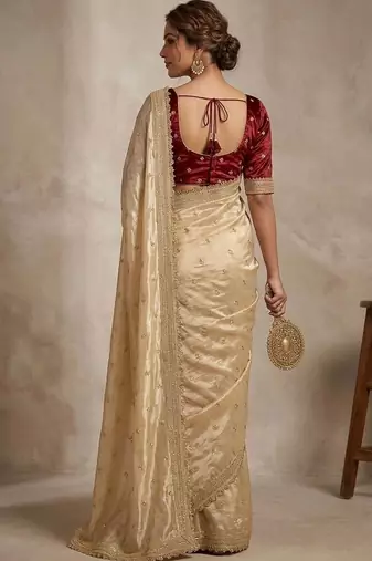 beige floral embroidered pure chiffon tussar saree