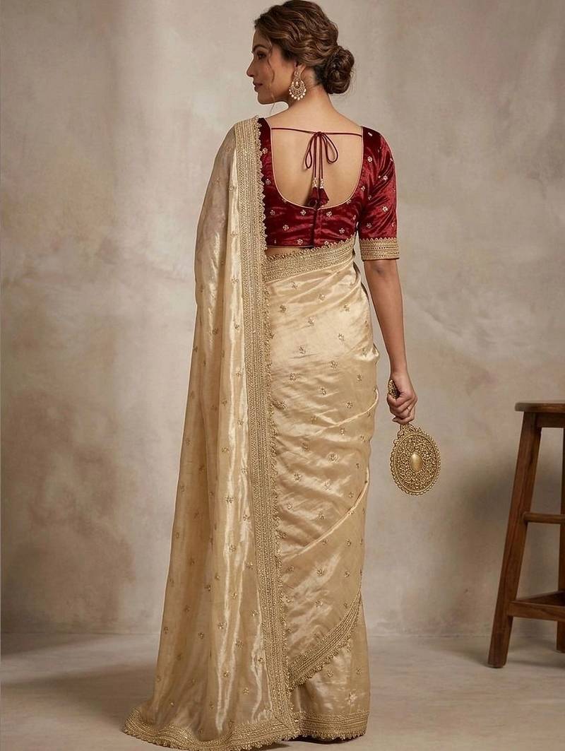 beige floral embroidered pure chiffon tussar saree
