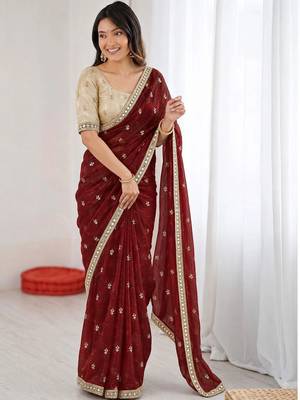 Maroon floral mirror work pure chiffon tussar saree 1