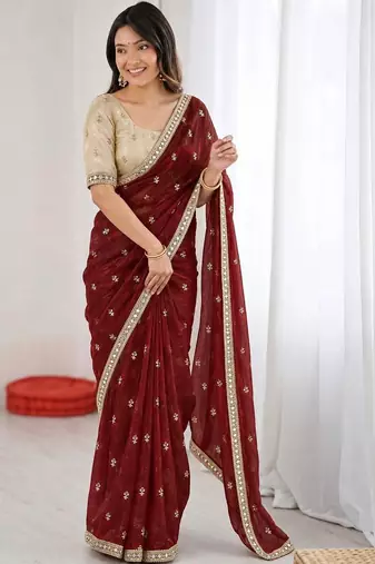 Maroon floral mirror work pure chiffon tussar saree
