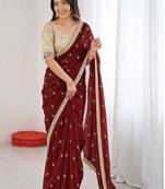 Maroon floral mirror work pure chiffon tussar saree