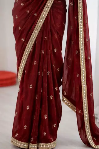 Maroon floral mirror work pure chiffon tussar saree