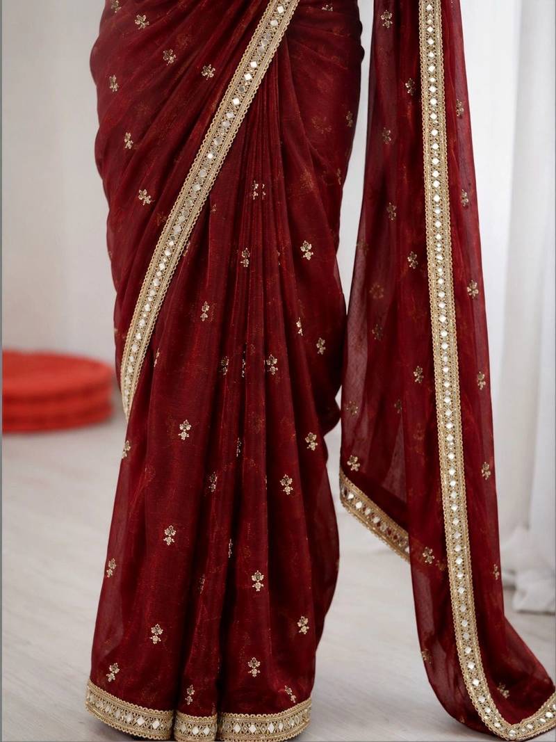 Maroon floral mirror work pure chiffon tussar saree